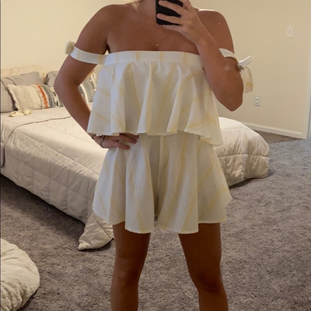 White with yellow pin striped ruffle romper